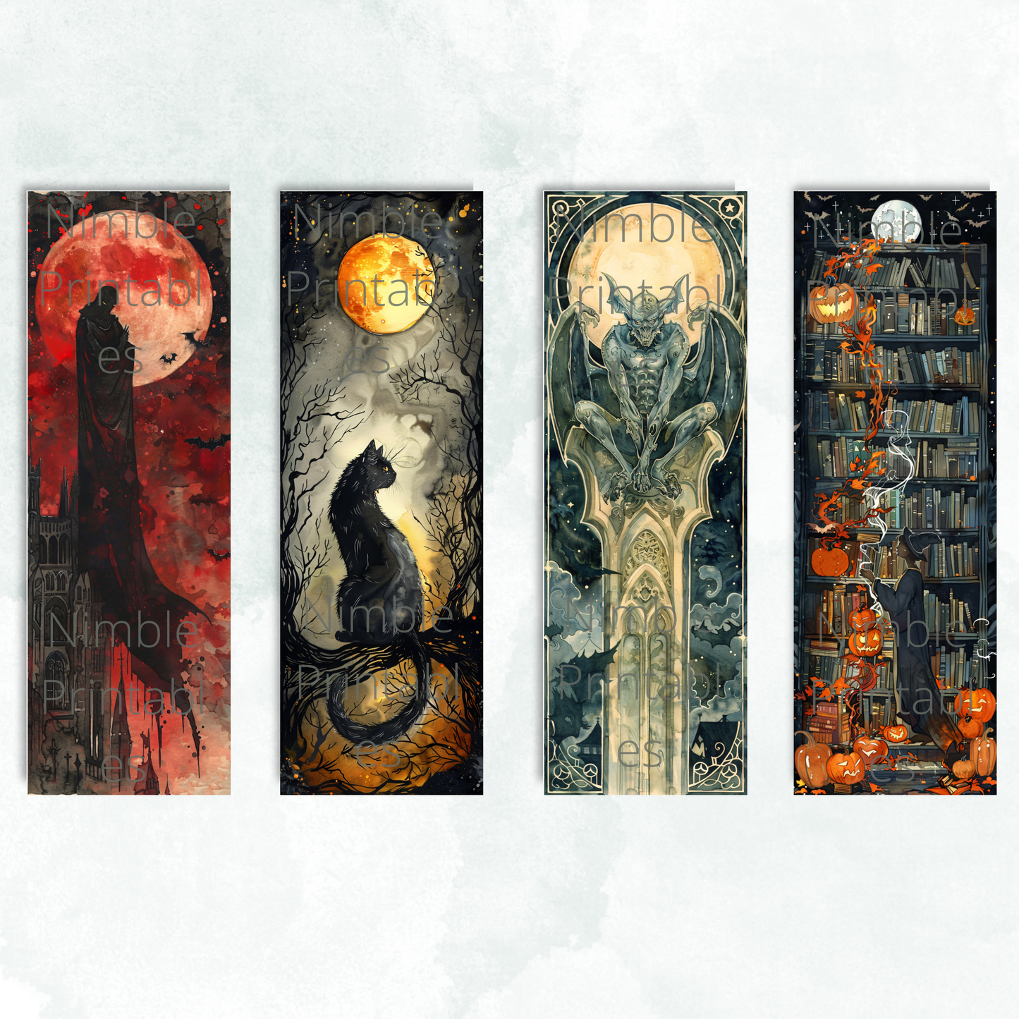 Printable Bookmarks Bundle Halloween Watercolor, Digital Downloads, 29 PNG and 29 JPG Bookmark Sublimation, Fantasy png, Dark Academia png