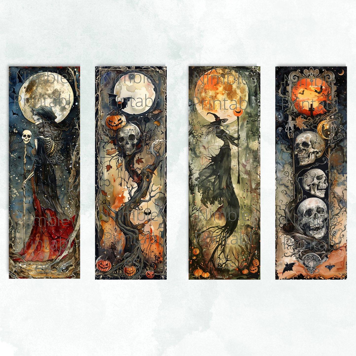 Printable Bookmarks Bundle Halloween Watercolor, Digital Downloads, 29 PNG and 29 JPG Bookmark Sublimation Fantasy png, Dark Academia png