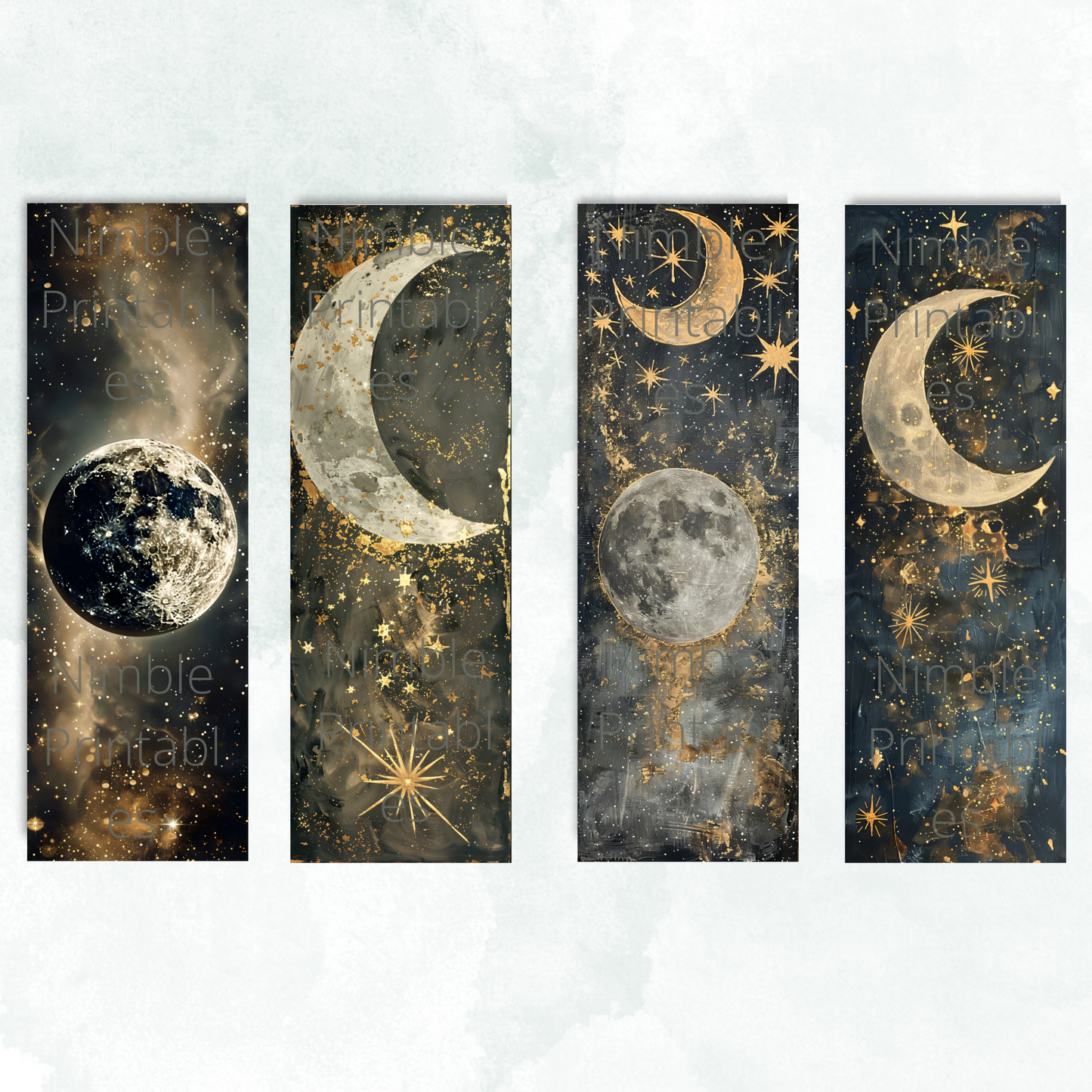 Printable Bookmarks Bundle Celestial Moon, Digital Downloads, Watercolor Bookmark, 42 PNG & 42 JPG Bookmark Sublimation, Star and Moon PNG