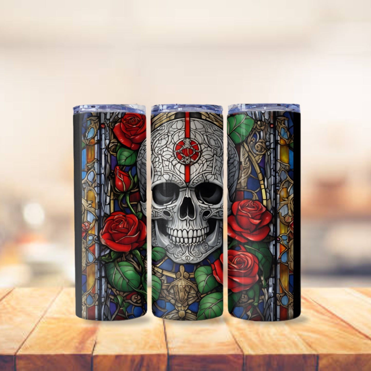 Skull With Roses Tumbler Wrap Stained Glass Tumbler Design Halloween PNG Stained Glass Skull Digital Download Gothic 20oz Skinny Tumbler