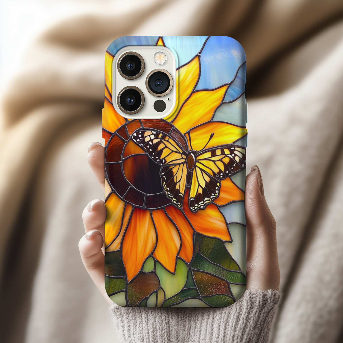 Stained Glass Sunflower and Butterfly Phone Case - Floral gift for mom