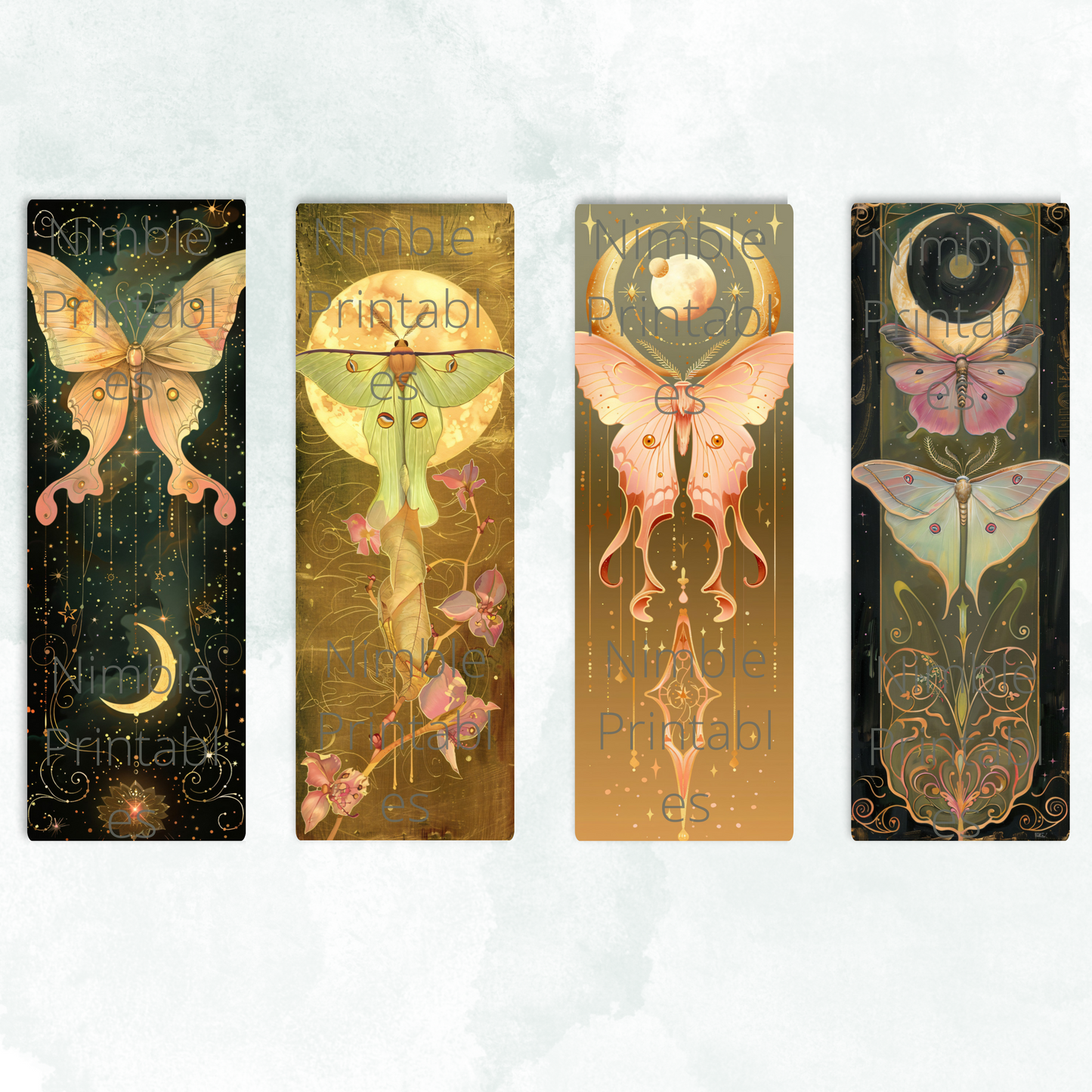 Printable Bookmarks Bundle Celestial Luna Moth, Digital Downloads, Watercolor Bookmark, 28 PNG and 28 JPG Bookmark Sublimation
