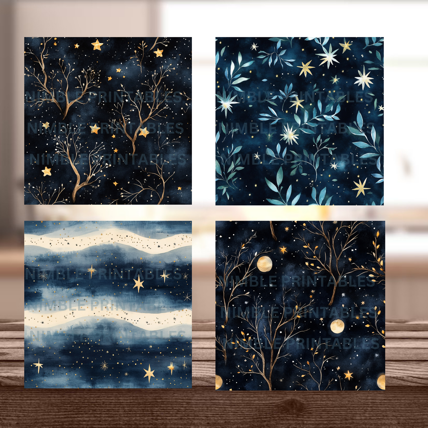 Celestial Night Sky Digital Paper Pack Seamless Patter Scrapbook Paper Watercolor Background, Digital Download, Moon, Stars, Night Sky