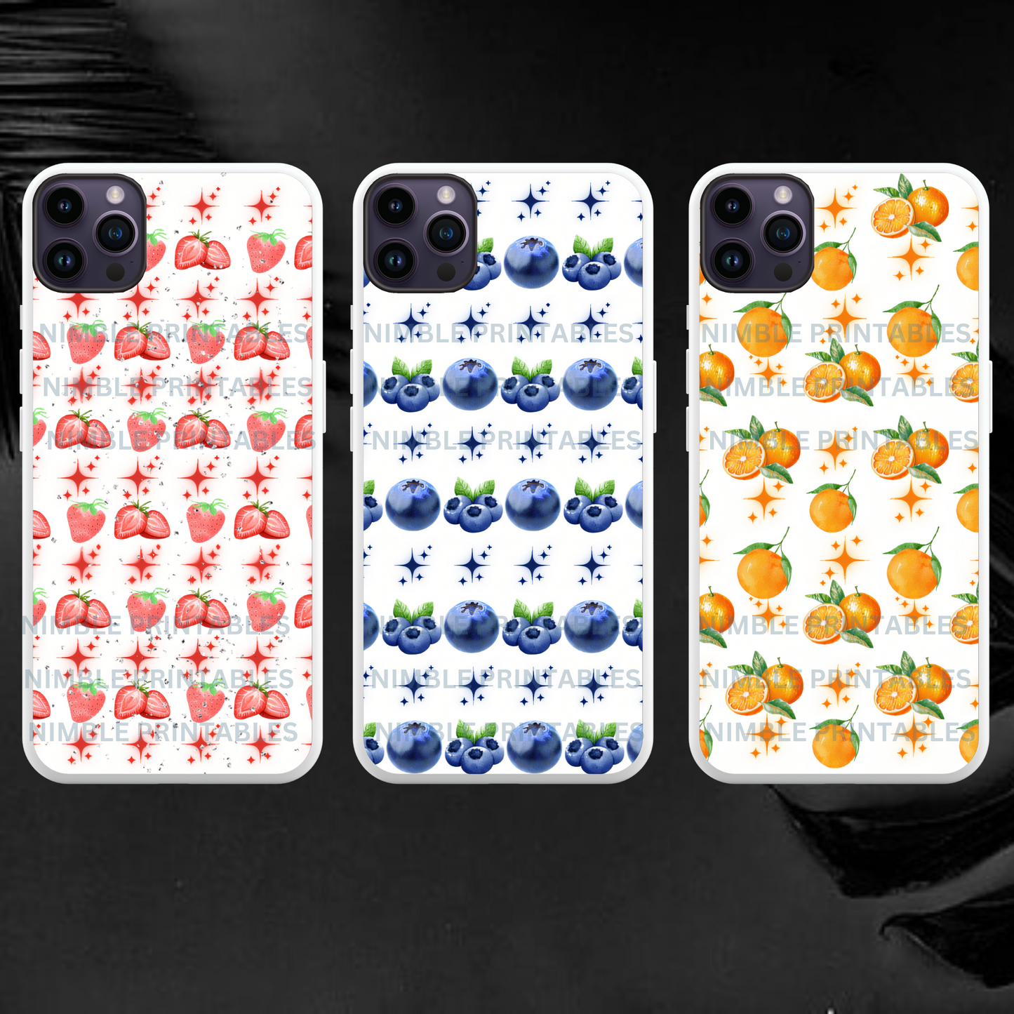 Fruit Print Sublimation Phone Case PNG, Phone Case Design Digital Download Cherry PNG, Passion Fruit PNG, Lemon png, Orange png, Glitter png