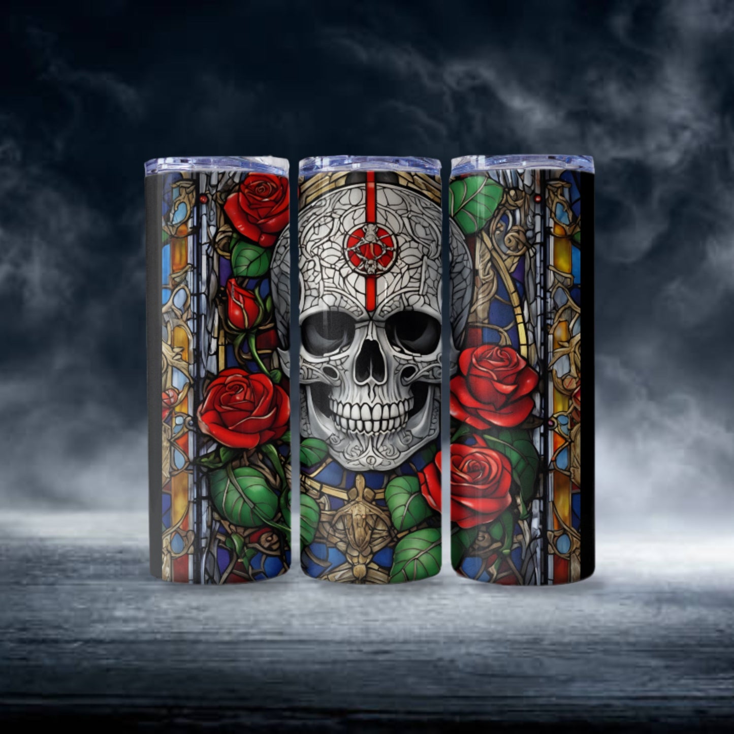 Skull With Roses Tumbler Wrap Stained Glass Tumbler Design Halloween PNG Stained Glass Skull Digital Download Gothic 20oz Skinny Tumbler