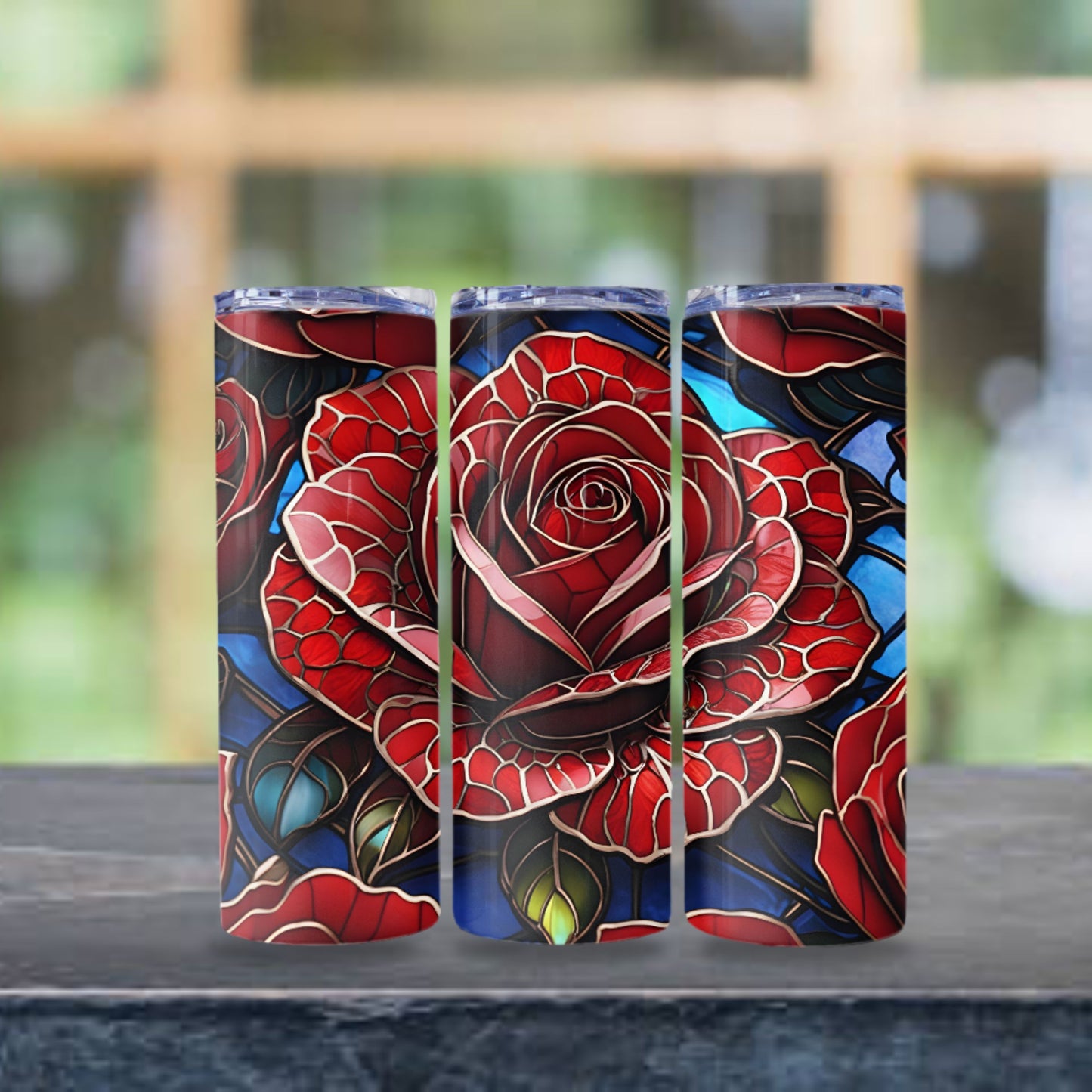 Rose Stained Glass Tumbler Wrap 20oz Skinny Tumbler Sublimation Design Digital Download PNG Tumbler Skinny Tumbler Red Rose Stained Glass