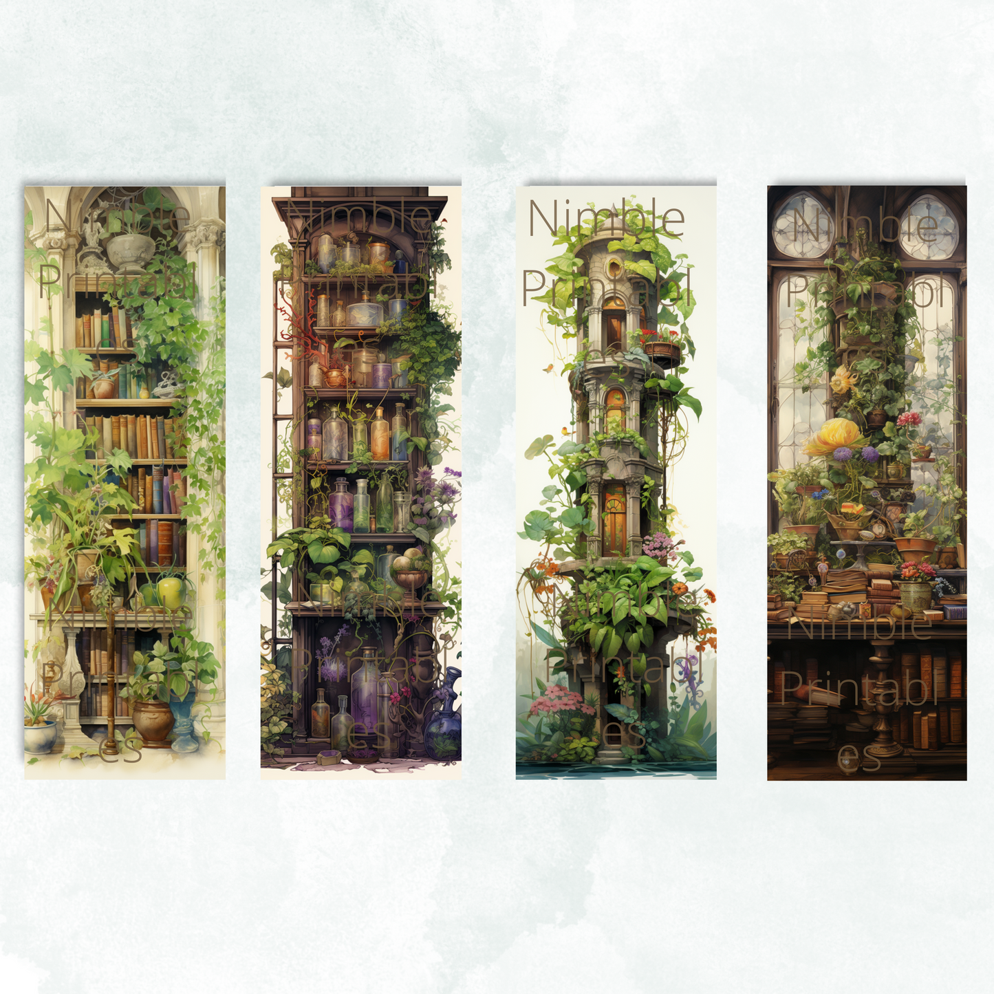 Printable Bookmarks Bundle Botanical Academia, Fantasy Bookmarks Digital Downloads, Watercolor Bookmark 25 PNG & 25 JPG Bookmark Sublimation