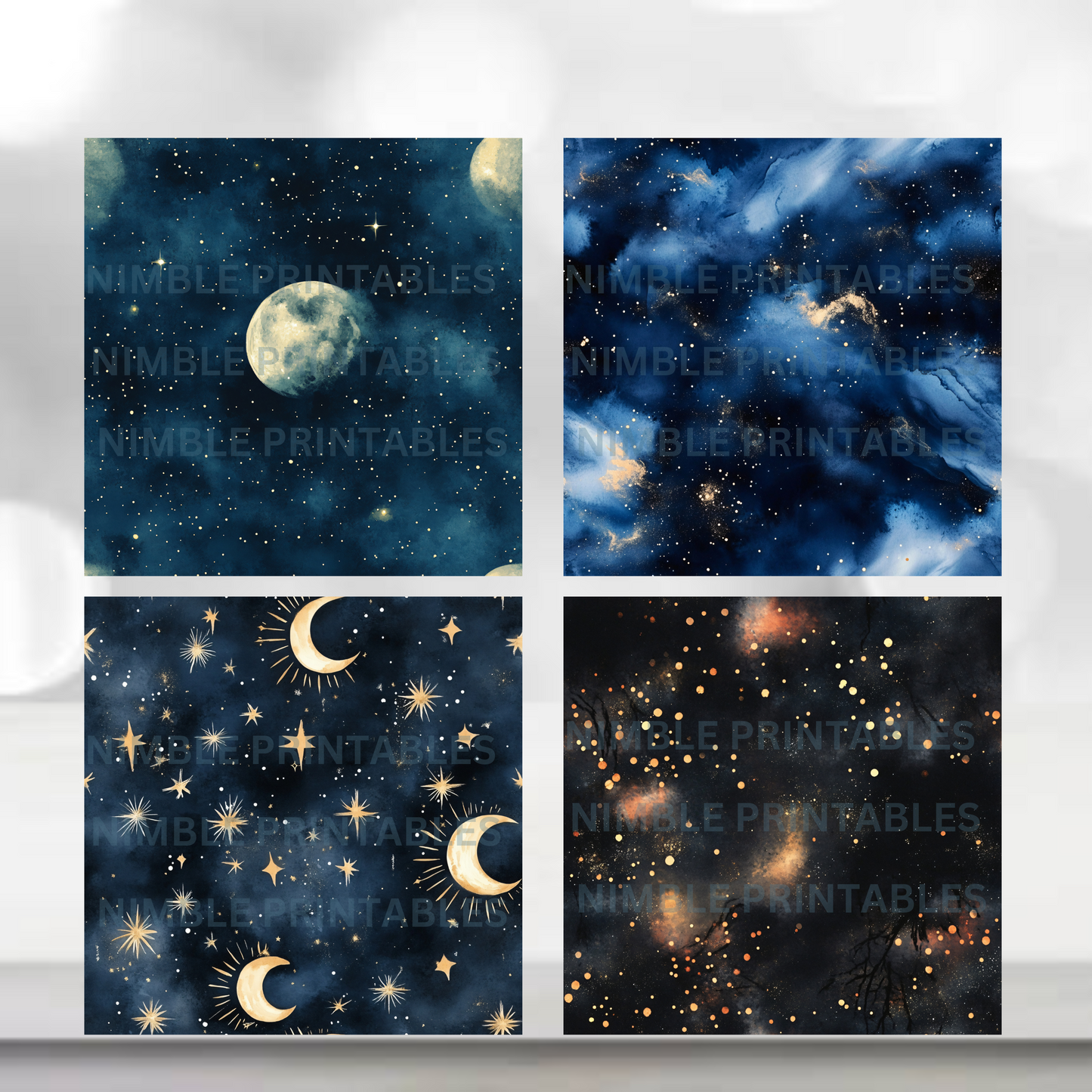Celestial Night Sky Digital Paper Pack Seamless Patter Scrapbook Paper Watercolor Background, Digital Download, Moon, Stars, Night Sky