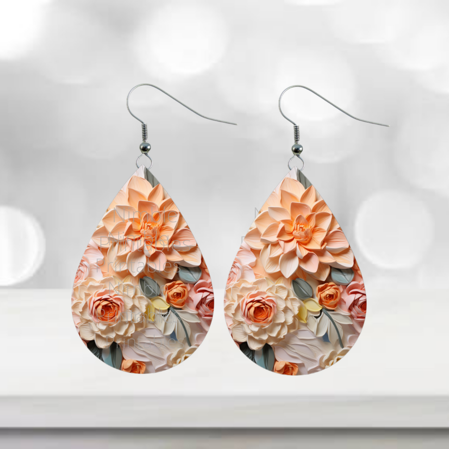 3D Floral Teardrop Earrings PNG Sublimation Earring Designs Teardrop Earring Sublimation Digital Download Instant Download Floral PNG