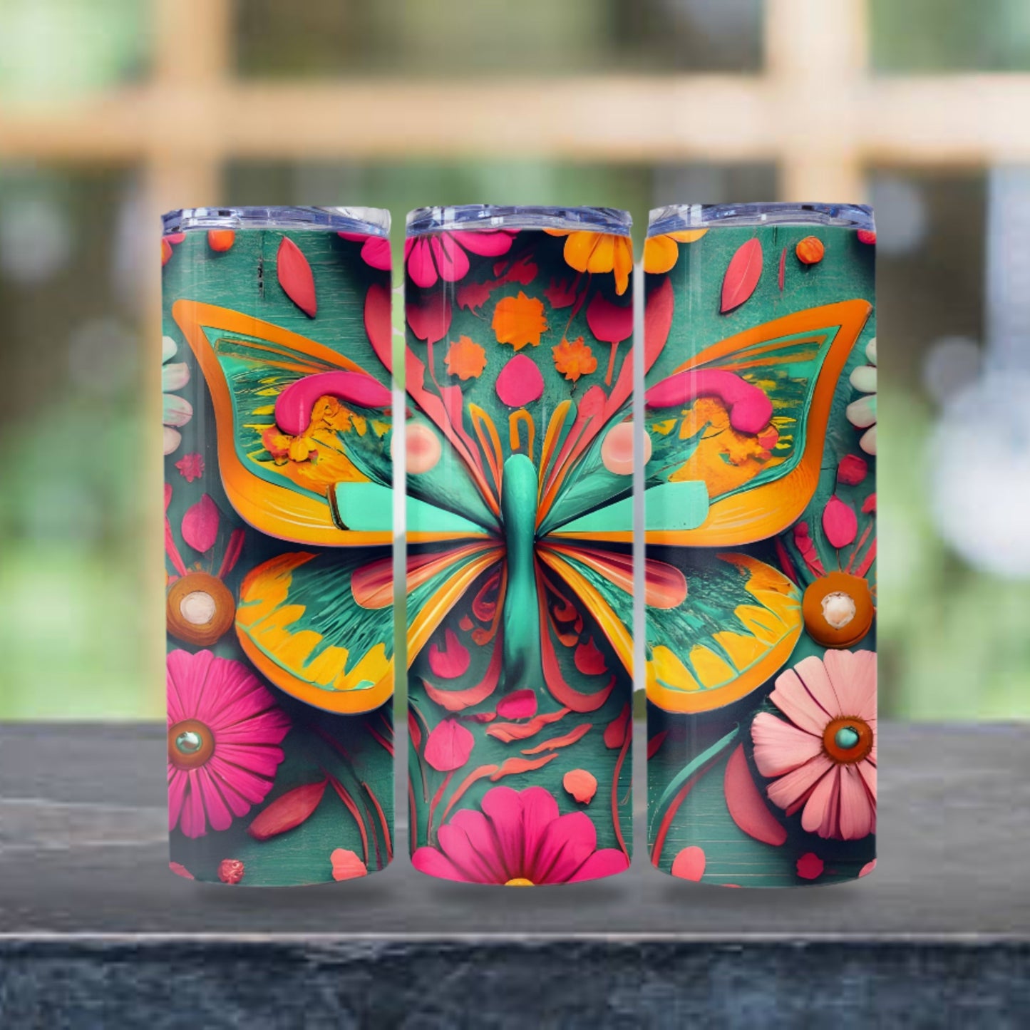 Butterfly Tumbler Wrap 3D Design Boho Pink and Teal Tumbler Sublimation 20oz Skinny Tumbler Digital Download PNG Straight Skinny Tumbler