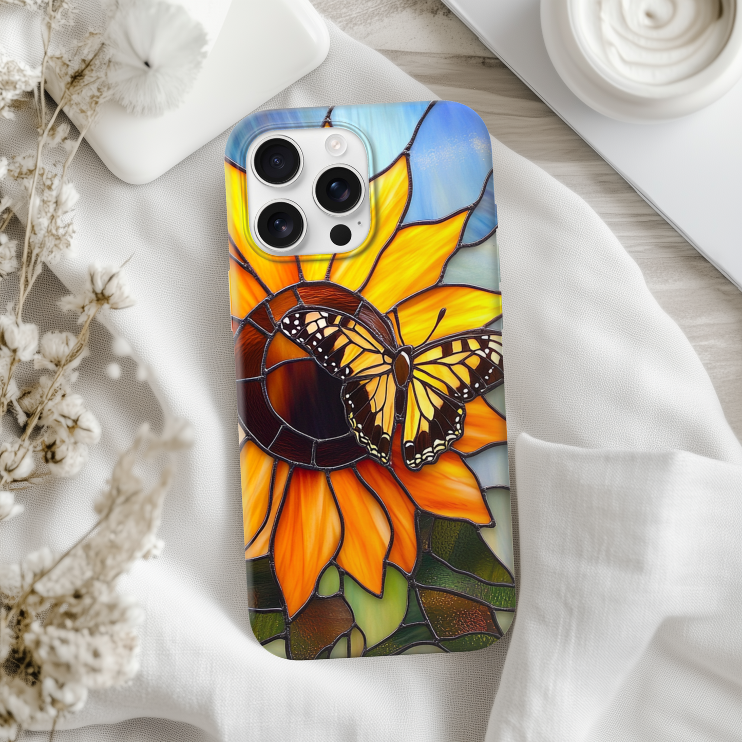 Stained Glass Sunflower and Butterfly Phone Case - Floral gift for mom