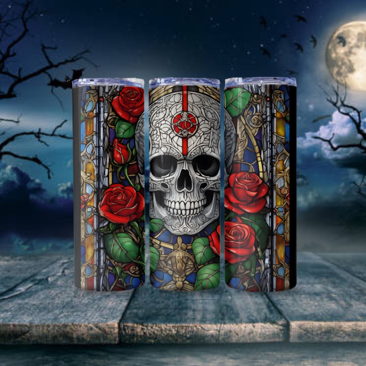 Skull With Roses Tumbler Wrap Stained Glass Tumbler Design Halloween PNG Stained Glass Skull Digital Download Gothic 20oz Skinny Tumbler