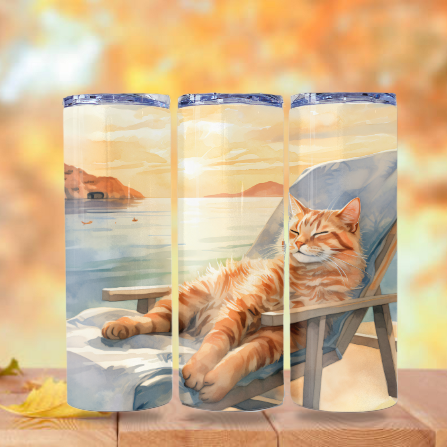 Cat Tumbler Wrap, Beach Tumbler Wrap Sublimation Design 20 oz Skinny Tumbler Digital Download PNG Cute Cat PNG Beach PNG Orange Cat