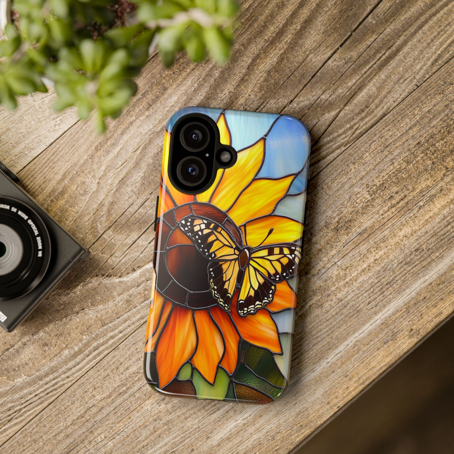 Stained Glass Sunflower and Butterfly Phone Case - Floral gift for mom