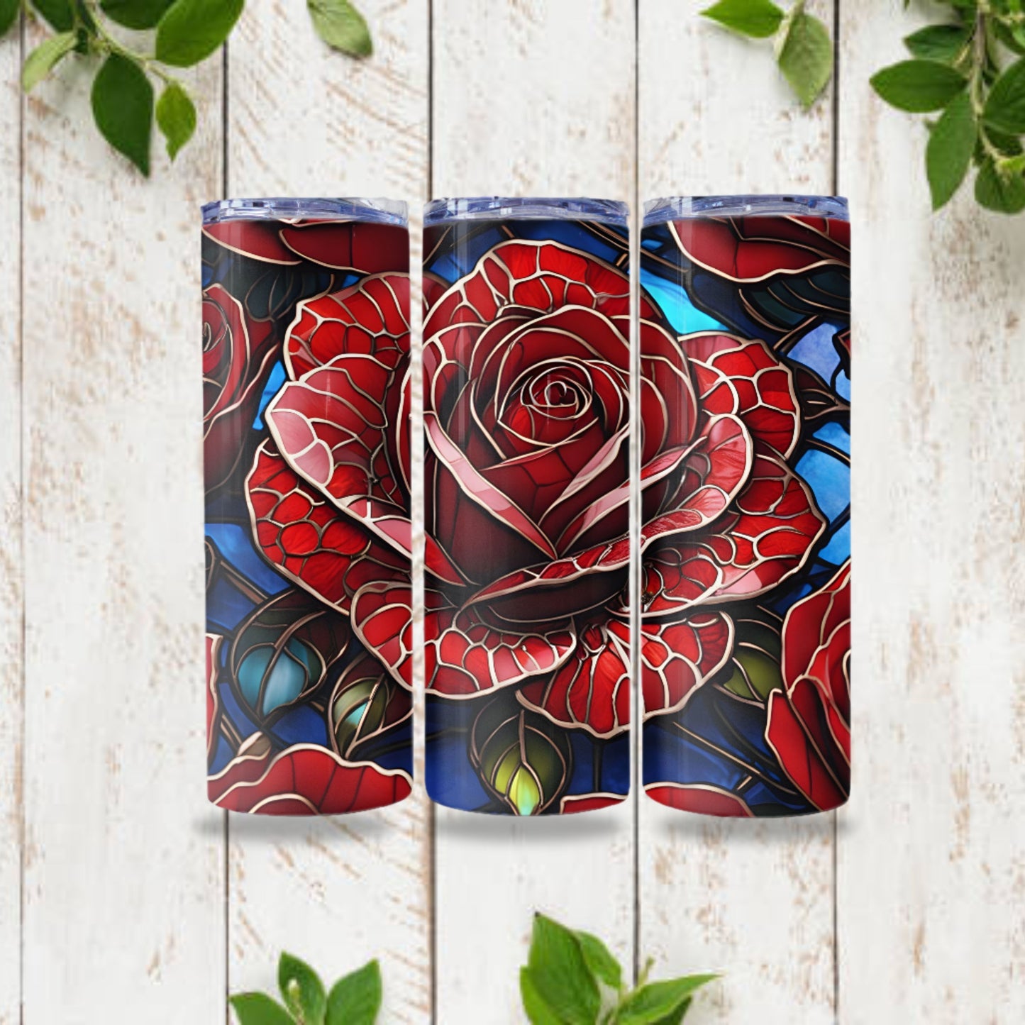 Rose Stained Glass Tumbler Wrap 20oz Skinny Tumbler Sublimation Design Digital Download PNG Tumbler Skinny Tumbler Red Rose Stained Glass