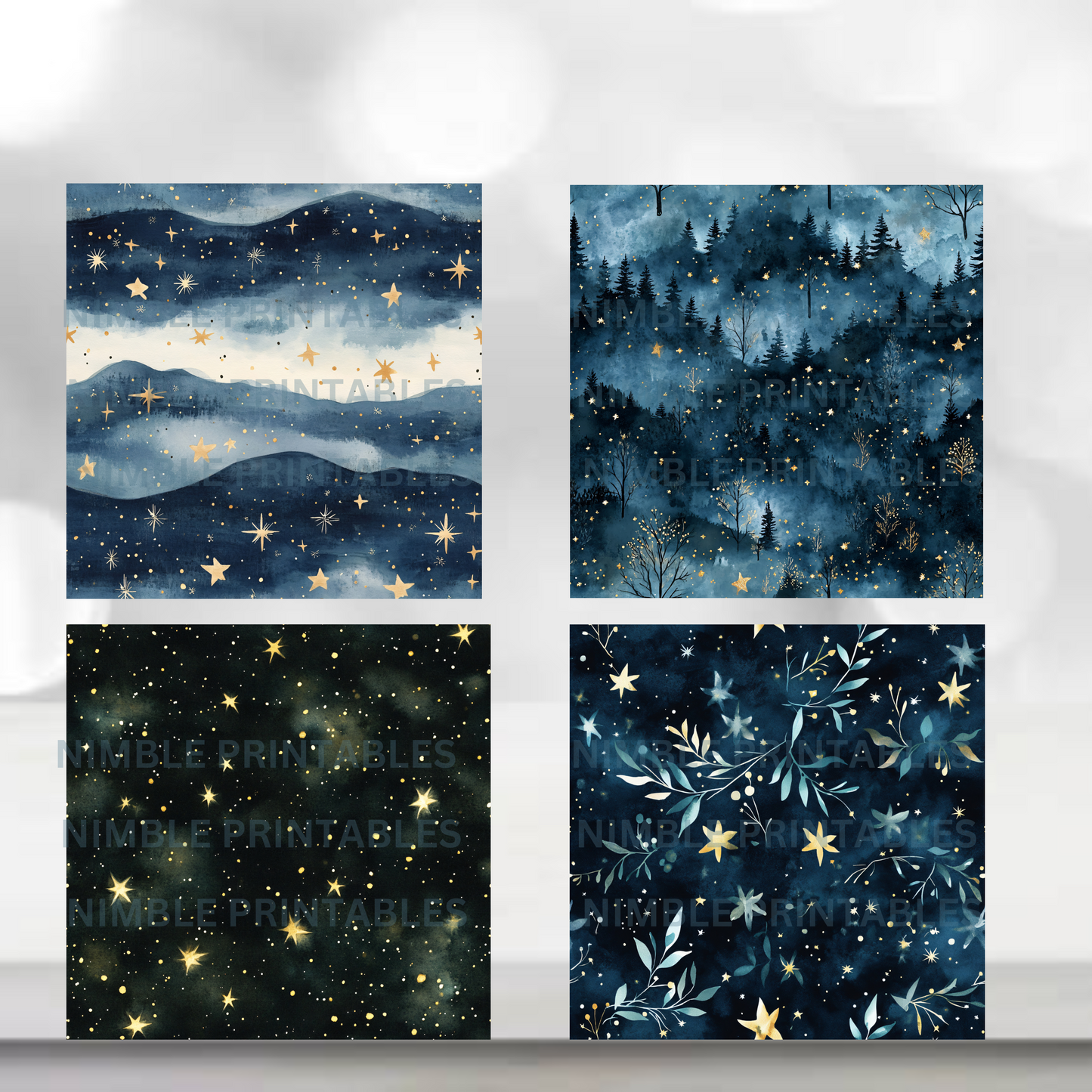 Celestial Night Sky Digital Paper Pack Seamless Patter Scrapbook Paper Watercolor Background, Digital Download, Moon, Stars, Night Sky
