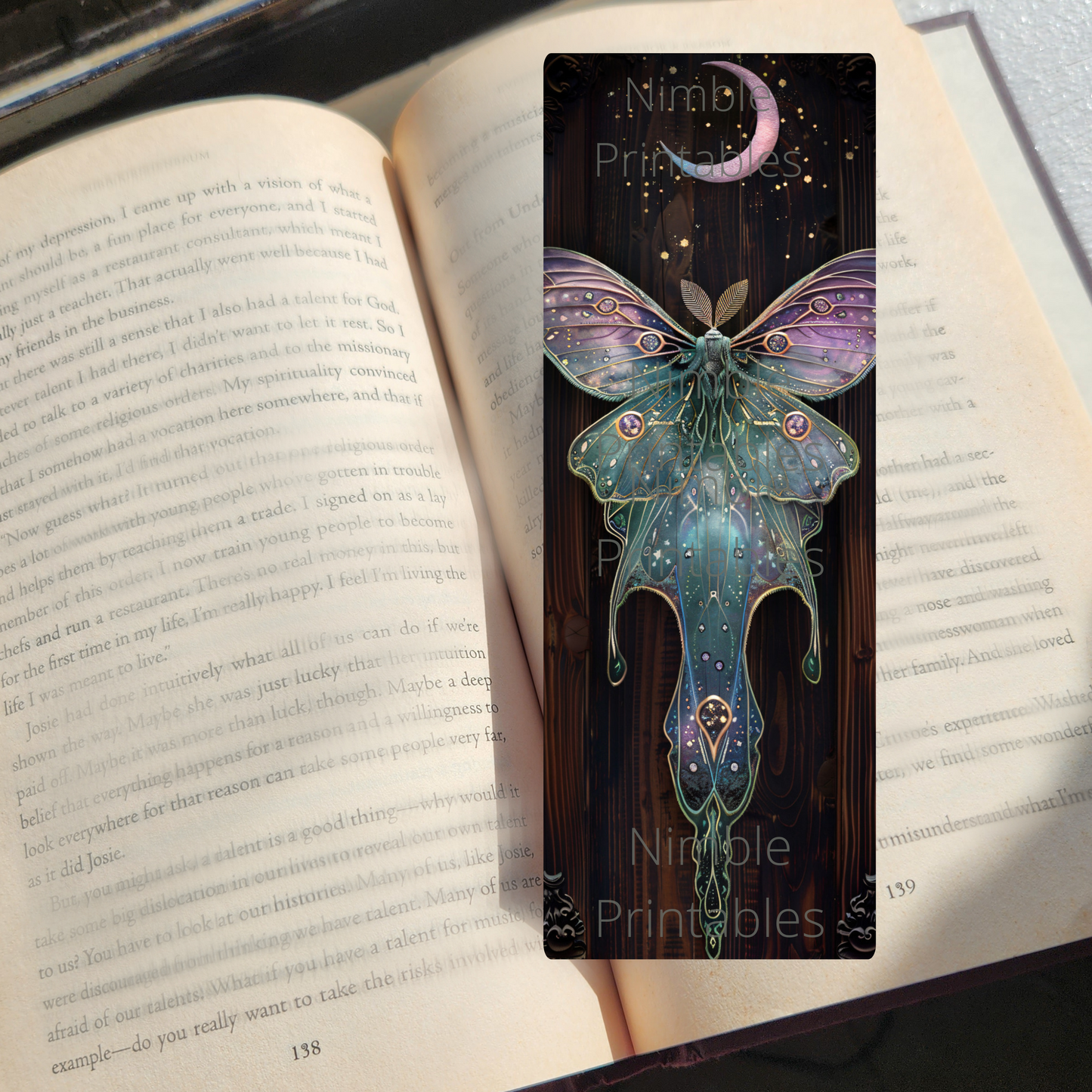Printable Bookmarks Bundle Celestial Luna Moth, Digital Downloads, Watercolor Bookmark, 52 PNG and 52 JPG Bookmark Sublimation