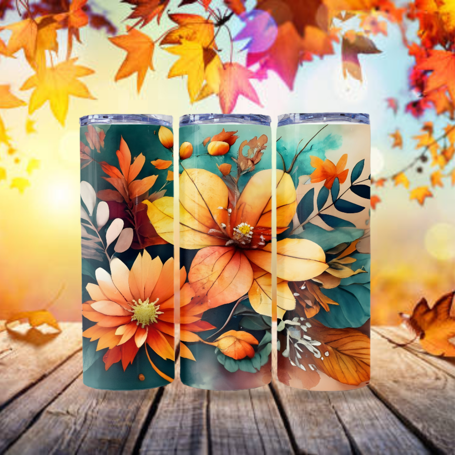 Autumn Floral Tumbler Wrap Boho Tumbler Sublimation Design 200z Skinny Tumbler Digital Download PNG, Floral Straight Skinny Tumbler