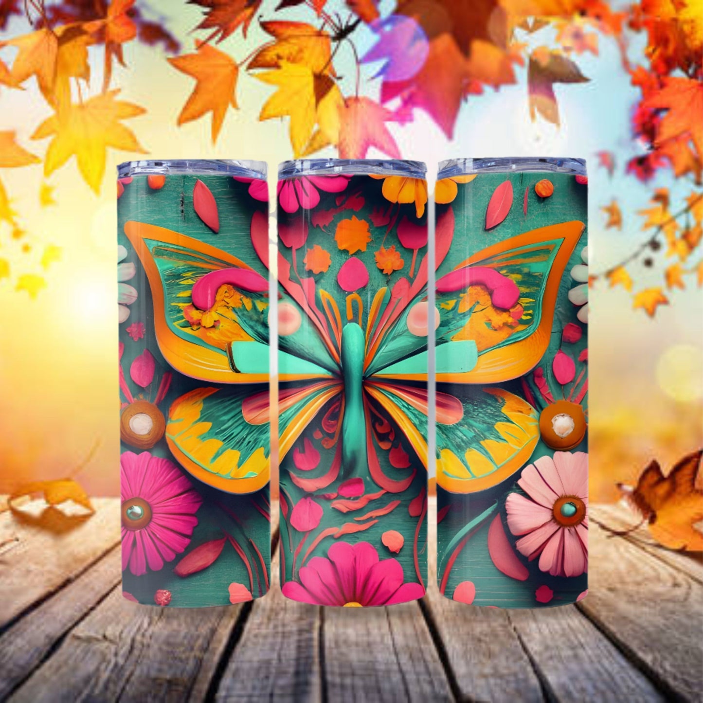 Butterfly Tumbler Wrap 3D Design Boho Pink and Teal Tumbler Sublimation 20oz Skinny Tumbler Digital Download PNG Straight Skinny Tumbler