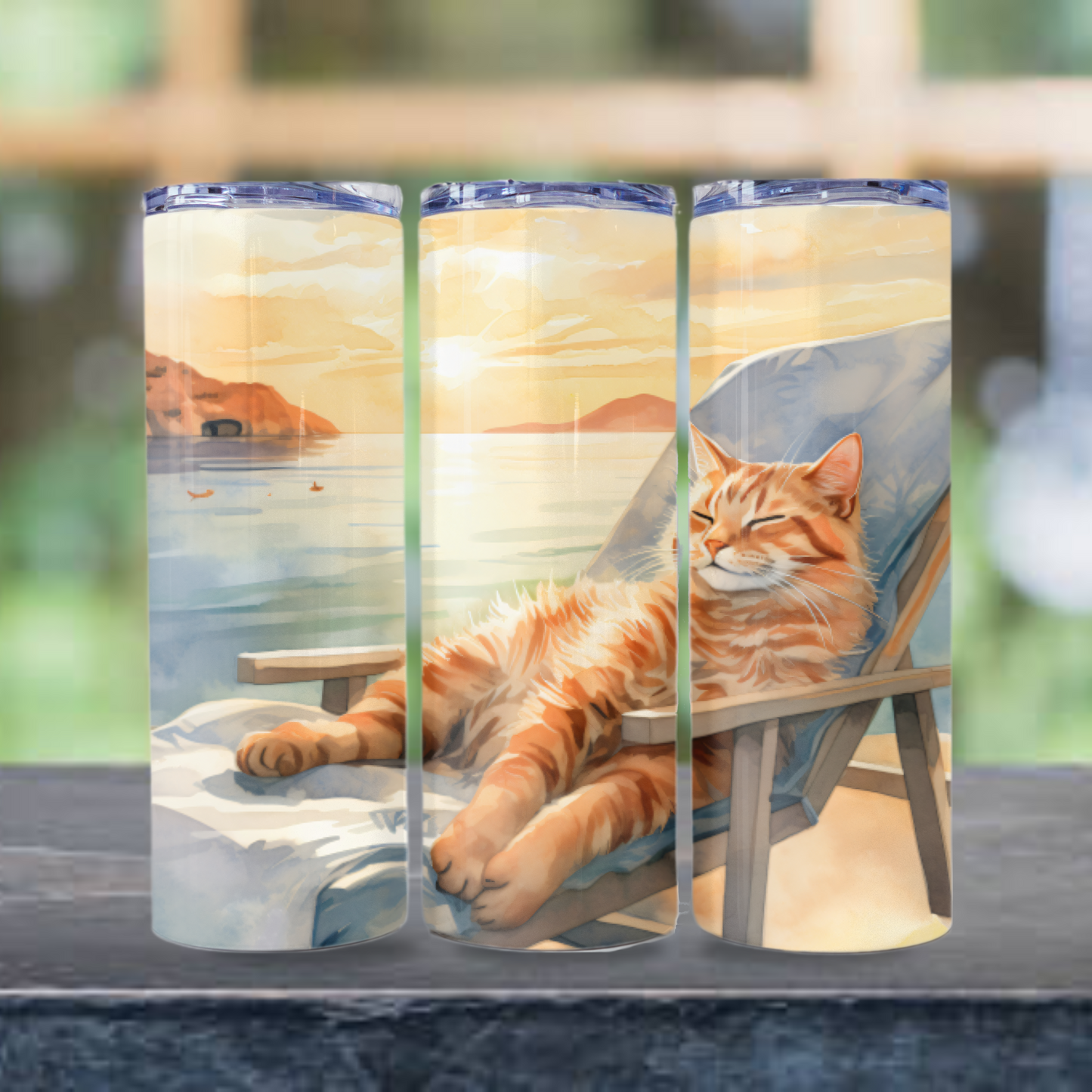 Cat Tumbler Wrap, Beach Tumbler Wrap Sublimation Design 20 oz Skinny Tumbler Digital Download PNG Cute Cat PNG Beach PNG Orange Cat