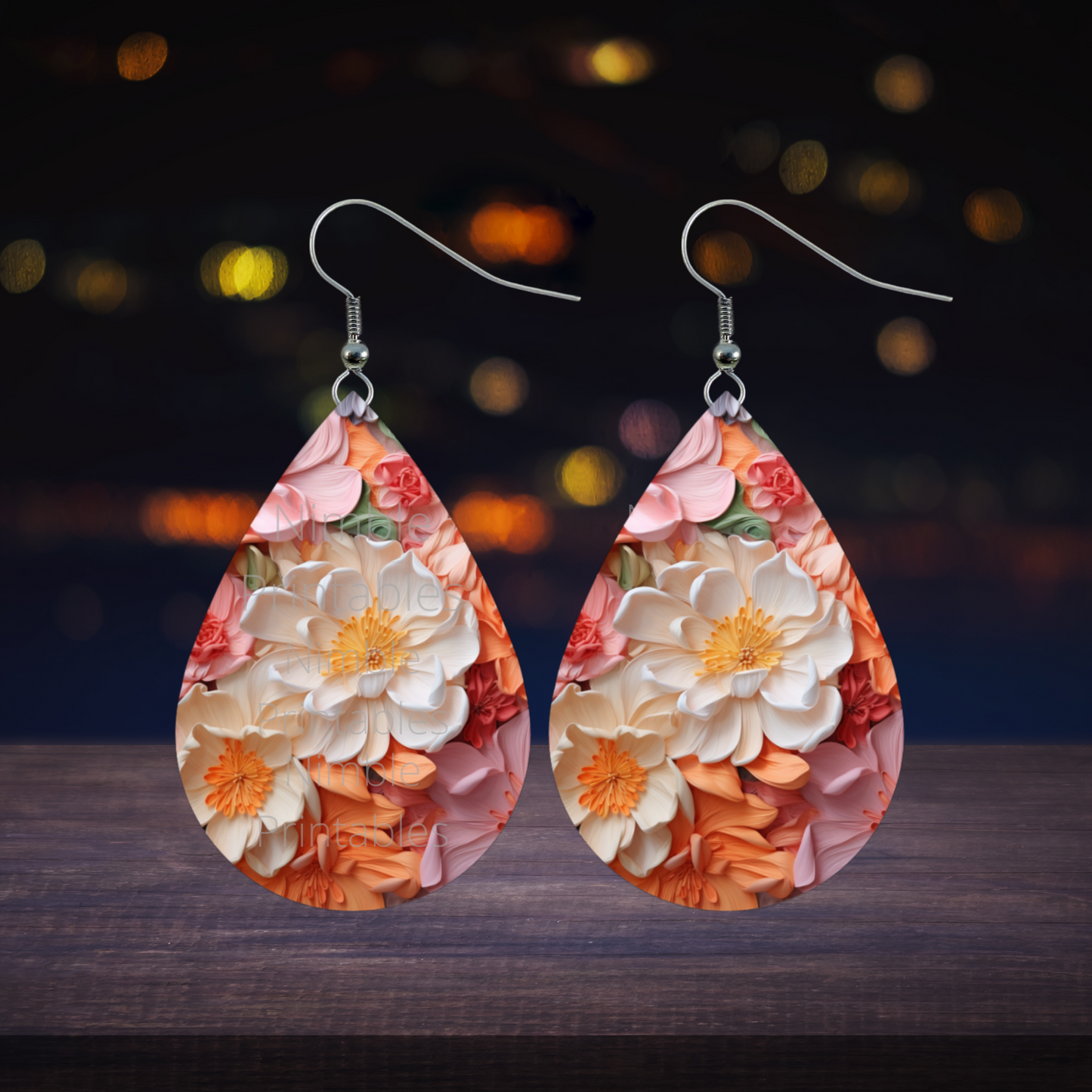 3D Floral Teardrop Earrings PNG Sublimation Earring Designs Teardrop Earring Sublimation Digital Download Instant Download Floral PNG