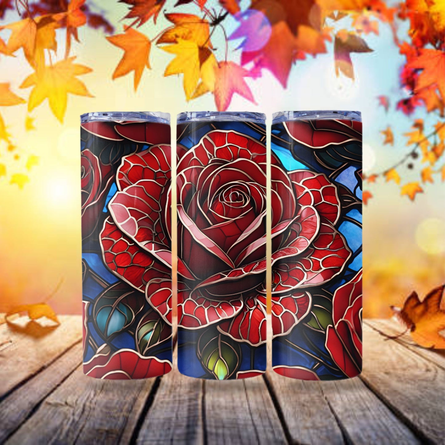 Rose Stained Glass Tumbler Wrap 20oz Skinny Tumbler Sublimation Design Digital Download PNG Tumbler Skinny Tumbler Red Rose Stained Glass