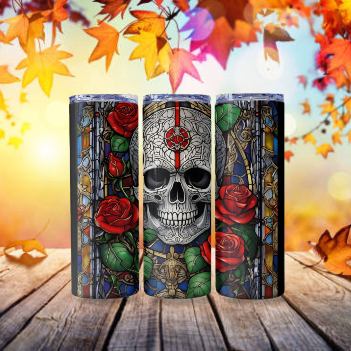 Skull With Roses Tumbler Wrap Stained Glass Tumbler Design Halloween PNG Stained Glass Skull Digital Download Gothic 20oz Skinny Tumbler