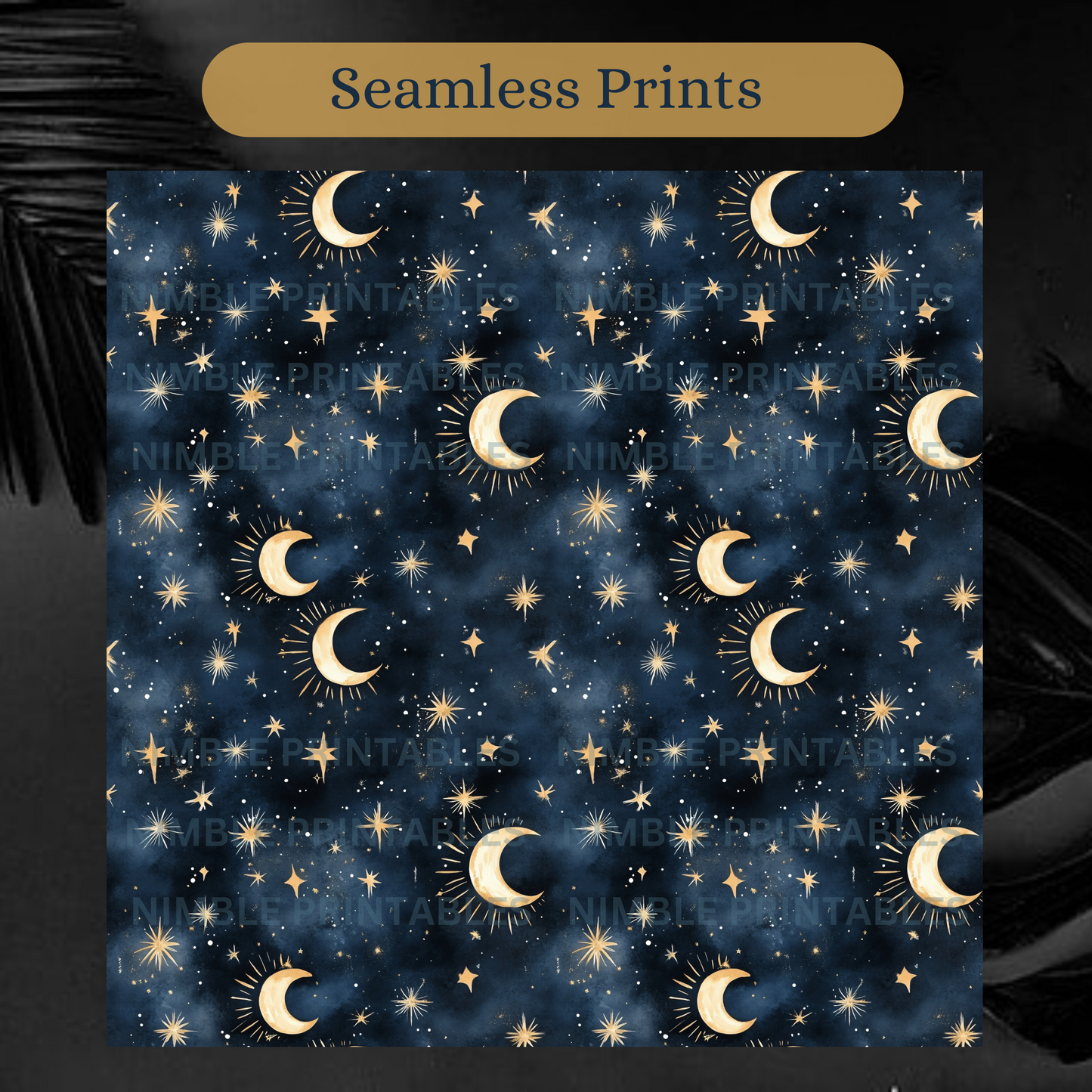 Celestial Night Sky Digital Paper Pack Seamless Patter Scrapbook Paper Watercolor Background, Digital Download, Moon, Stars, Night Sky