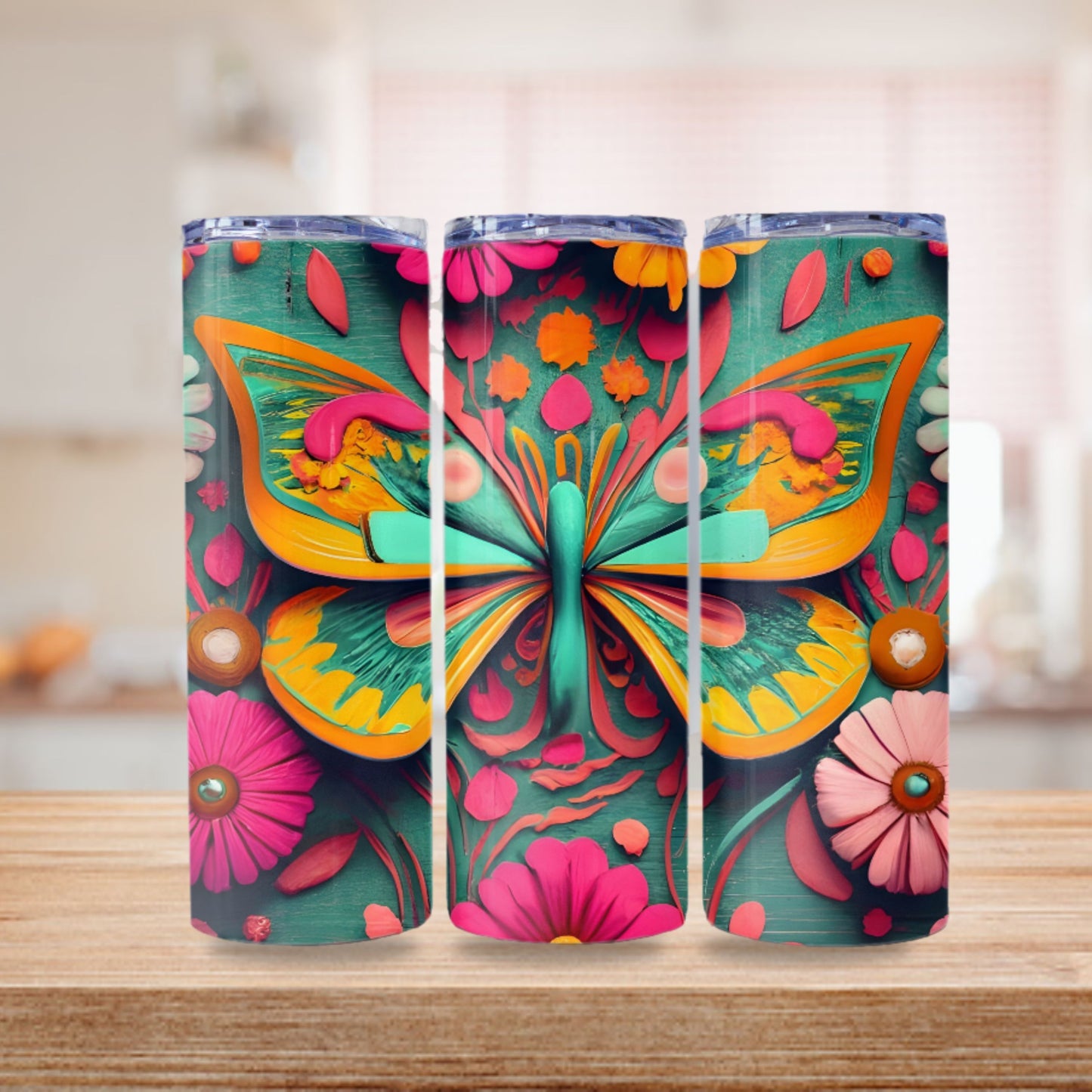Butterfly Tumbler Wrap 3D Design Boho Pink and Teal Tumbler Sublimation 20oz Skinny Tumbler Digital Download PNG Straight Skinny Tumbler
