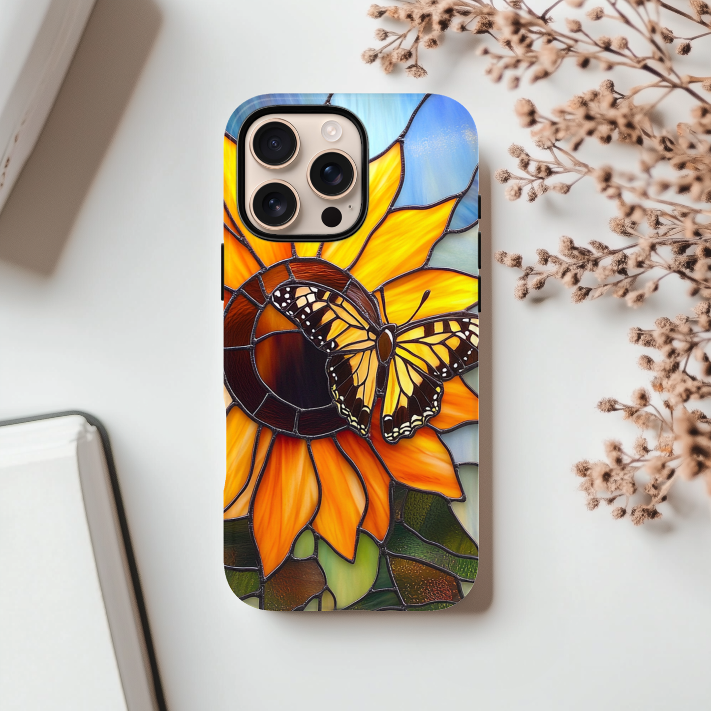 Stained Glass Sunflower and Butterfly Phone Case - Floral gift for mom