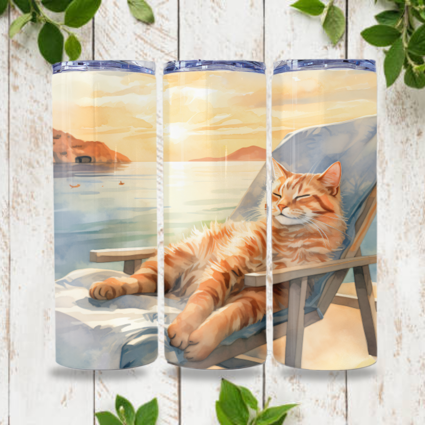 Cat Tumbler Wrap, Beach Tumbler Wrap Sublimation Design 20 oz Skinny Tumbler Digital Download PNG Cute Cat PNG Beach PNG Orange Cat