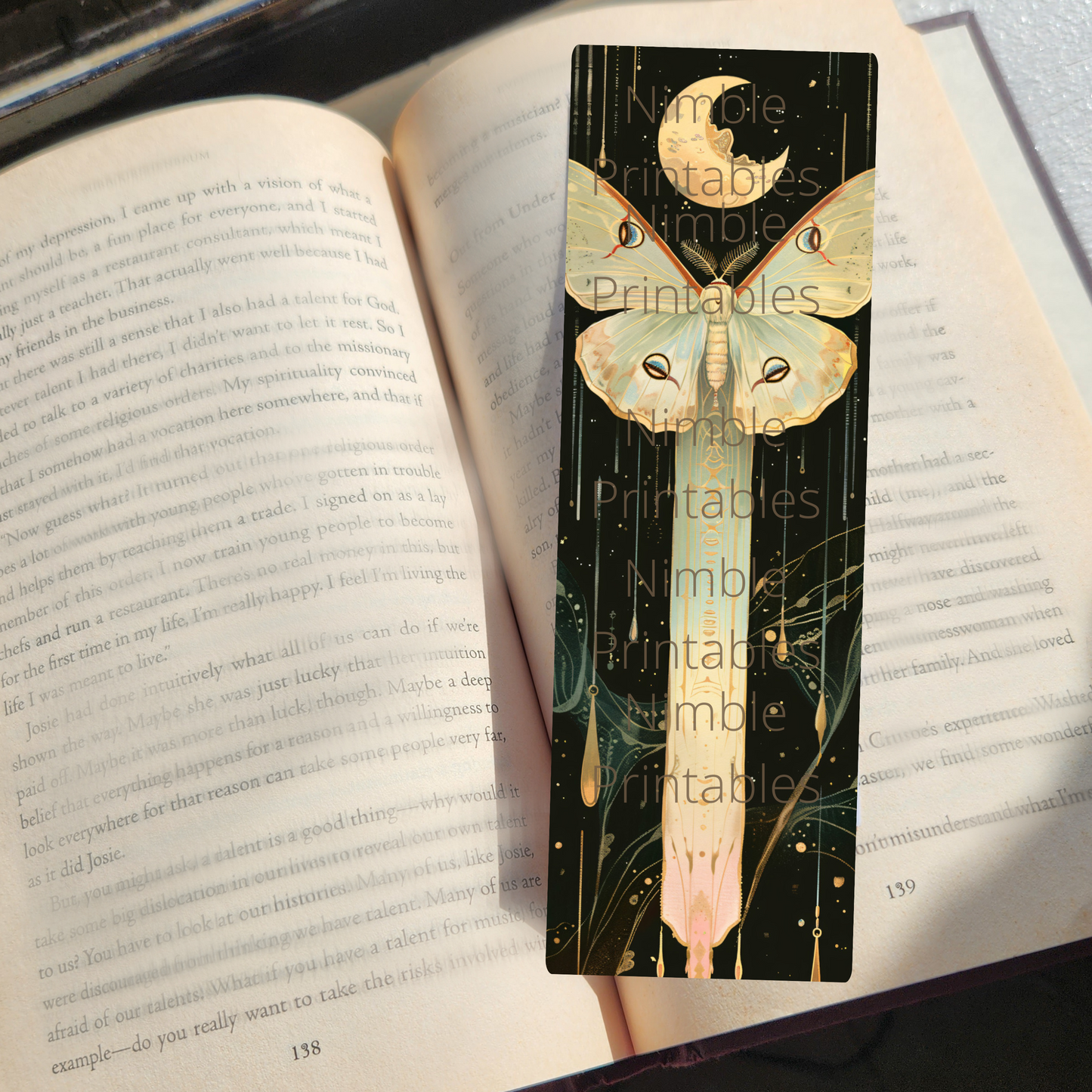 Printable Bookmarks Bundle Celestial Luna Moth, Digital Downloads, Watercolor Bookmark, 28 PNG and 28 JPG Bookmark Sublimation