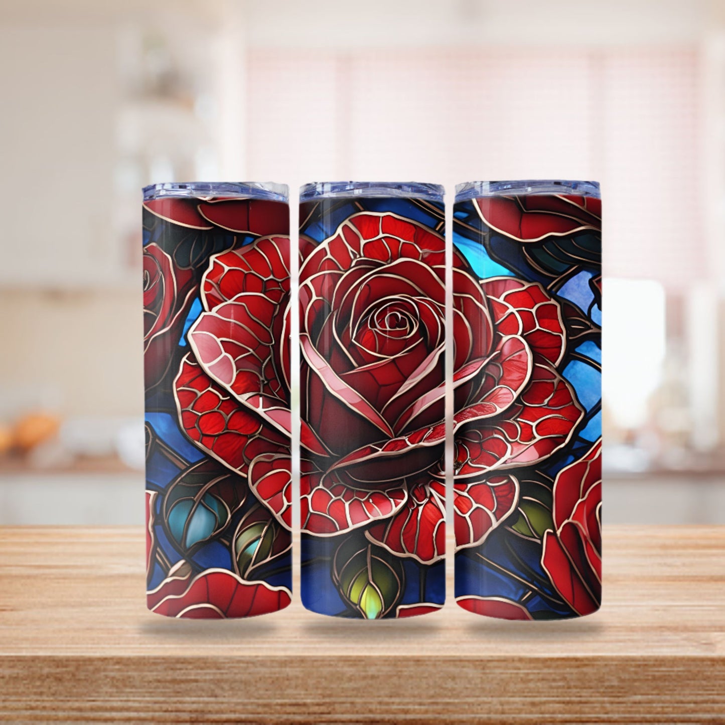Rose Stained Glass Tumbler Wrap 20oz Skinny Tumbler Sublimation Design Digital Download PNG Tumbler Skinny Tumbler Red Rose Stained Glass