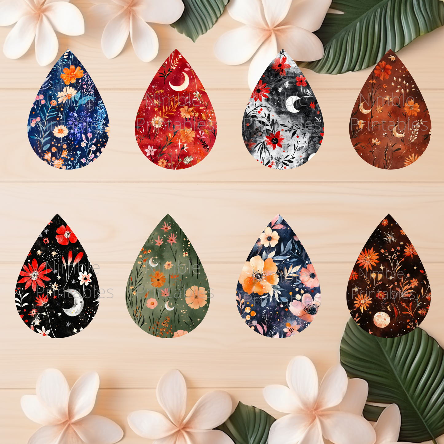 Celestial Wildflower Bundle Teardrop Earring PNG Earrings Sublimation Earring Designs Digital Download Instant Download Moon PNG, Floral PNG