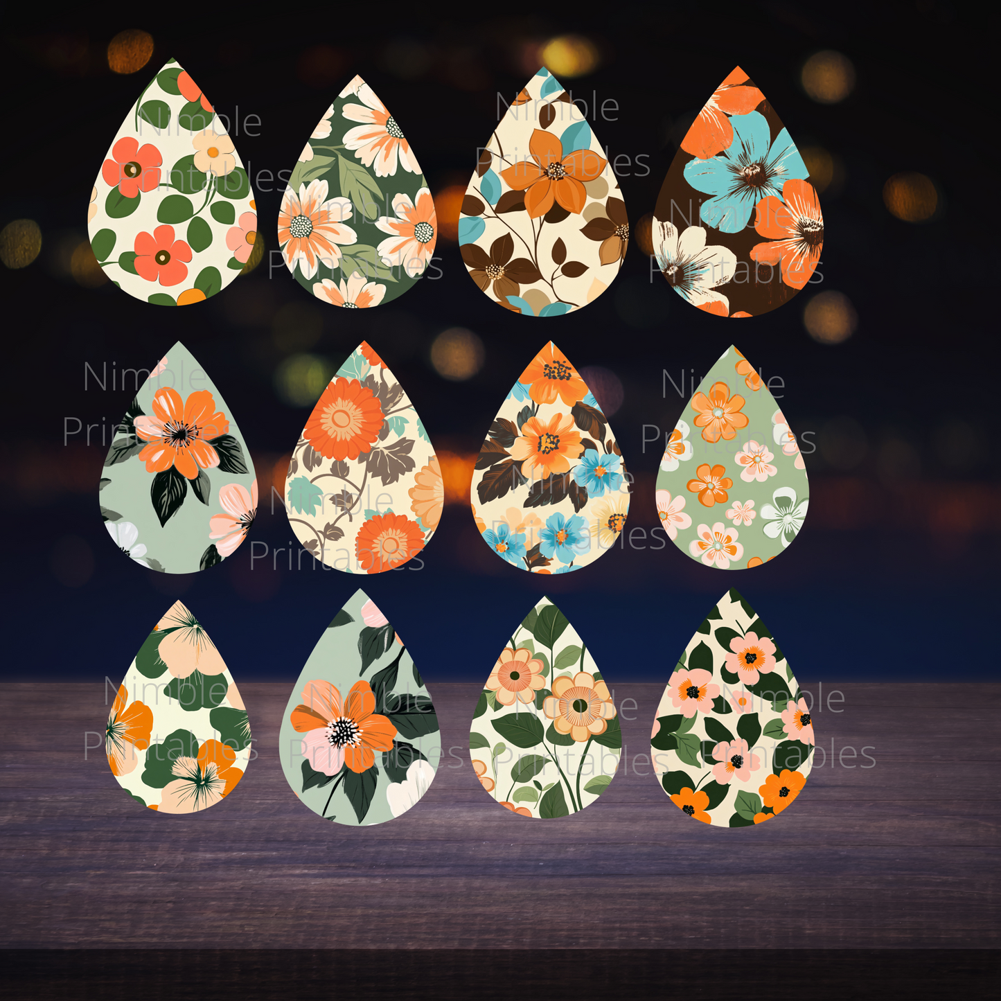 Teardrop Earring PNG Earring Bundle Orange & Pink Floral Sublimation Earring Designs Digital Download Instant Download Floral PNG Retro PNG