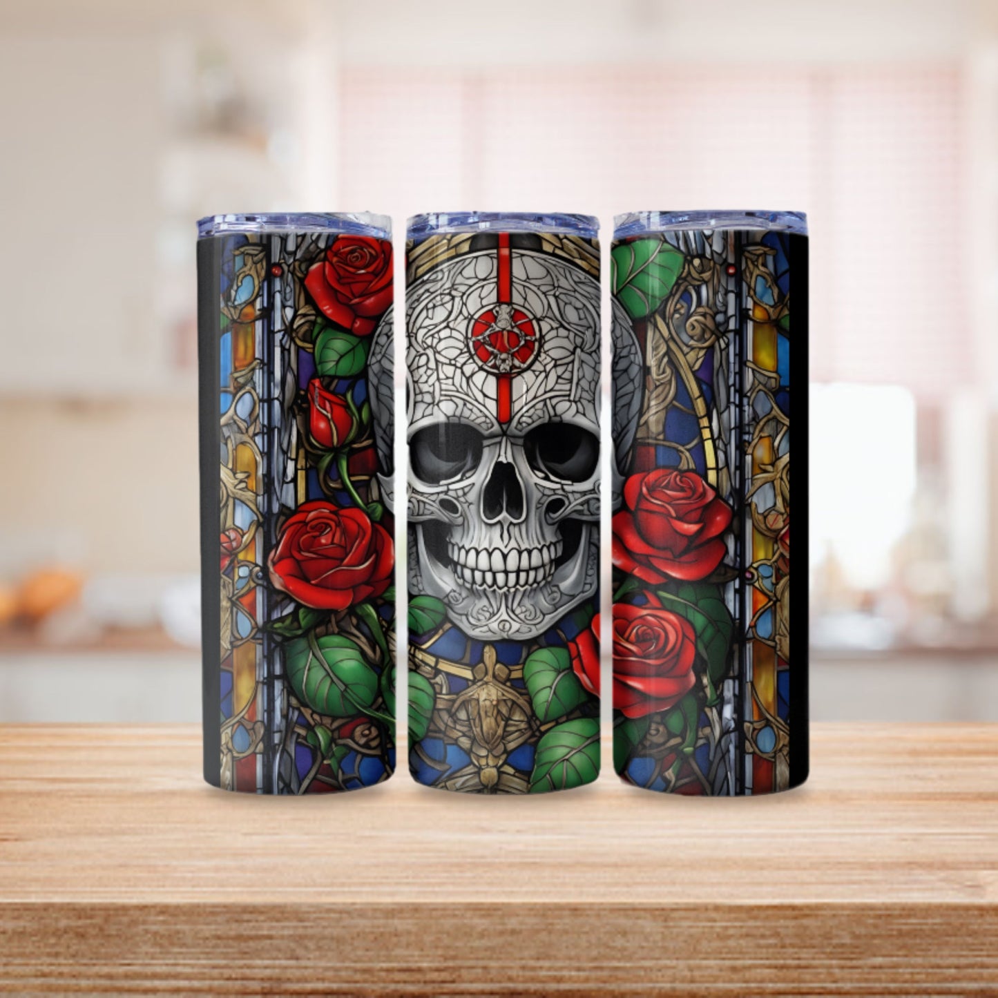 Skull With Roses Tumbler Wrap Stained Glass Tumbler Design Halloween PNG Stained Glass Skull Digital Download Gothic 20oz Skinny Tumbler