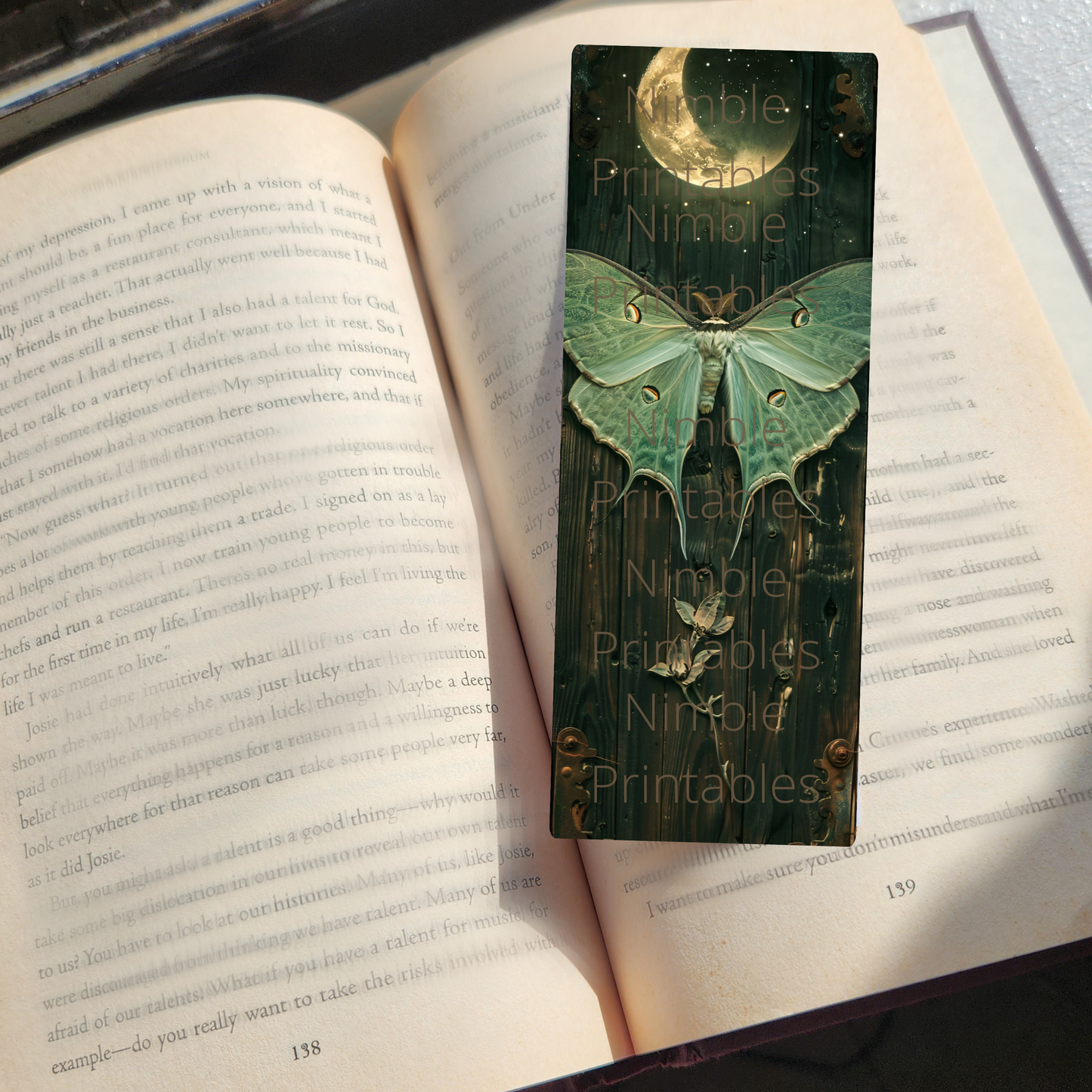Printable Bookmarks Bundle Celestial Luna Moth, Digital Downloads, Watercolor Bookmark, 52 PNG and 52 JPG Bookmark Sublimation