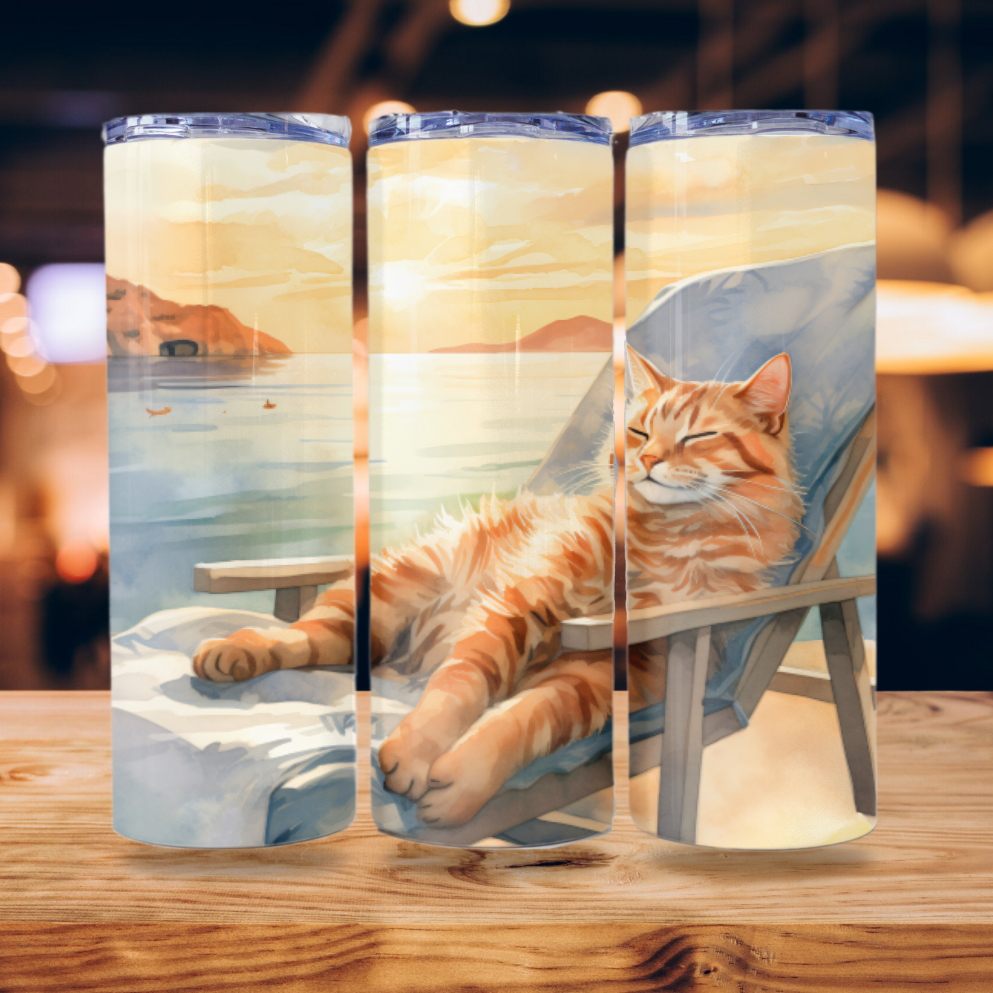 Cat Tumbler Wrap, Beach Tumbler Wrap Sublimation Design 20 oz Skinny Tumbler Digital Download PNG Cute Cat PNG Beach PNG Orange Cat