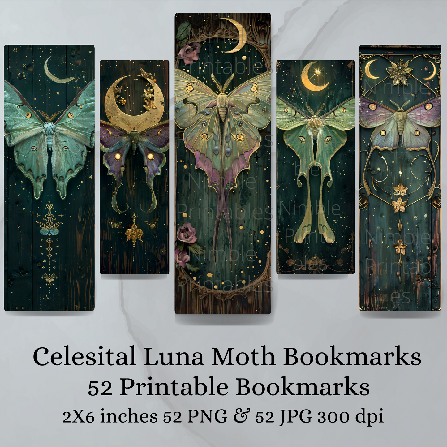 Printable Bookmarks Bundle Celestial Luna Moth, Digital Downloads, Watercolor Bookmark, 52 PNG and 52 JPG Bookmark Sublimation
