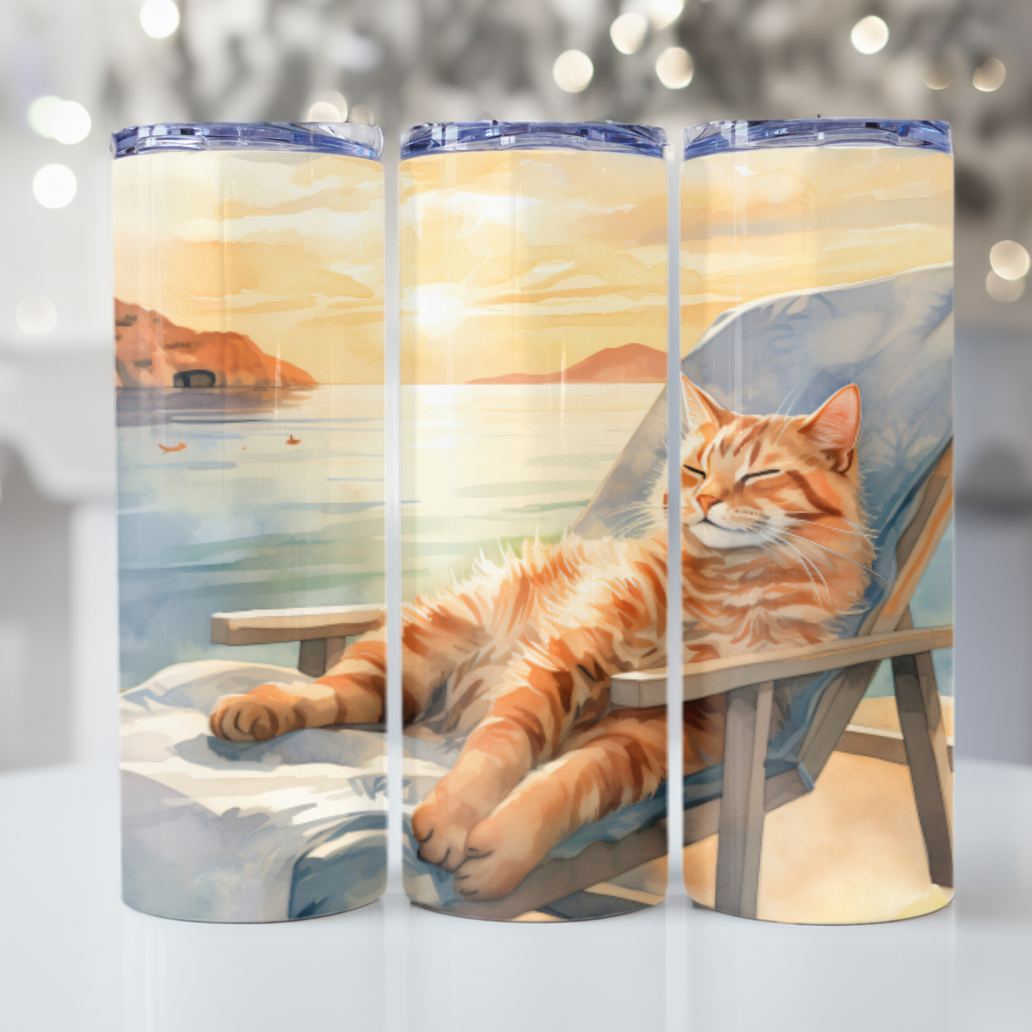 Cat Tumbler Wrap, Beach Tumbler Wrap Sublimation Design 20 oz Skinny Tumbler Digital Download PNG Cute Cat PNG Beach PNG Orange Cat