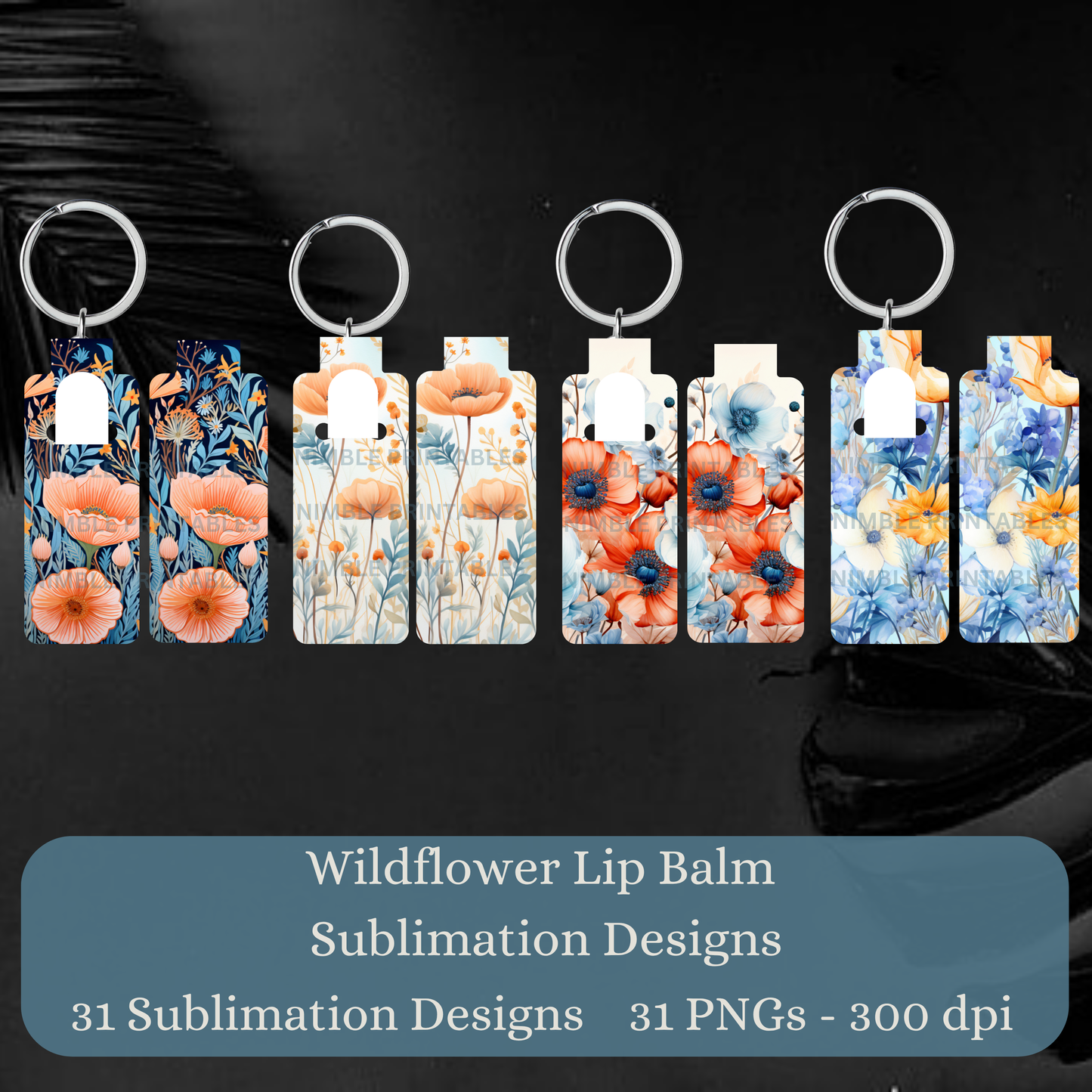 Wildflower Lip Balm Holder Keychain Set, Floral Sublimation Designs, 31 PNGs, 300 dpi Digital Download