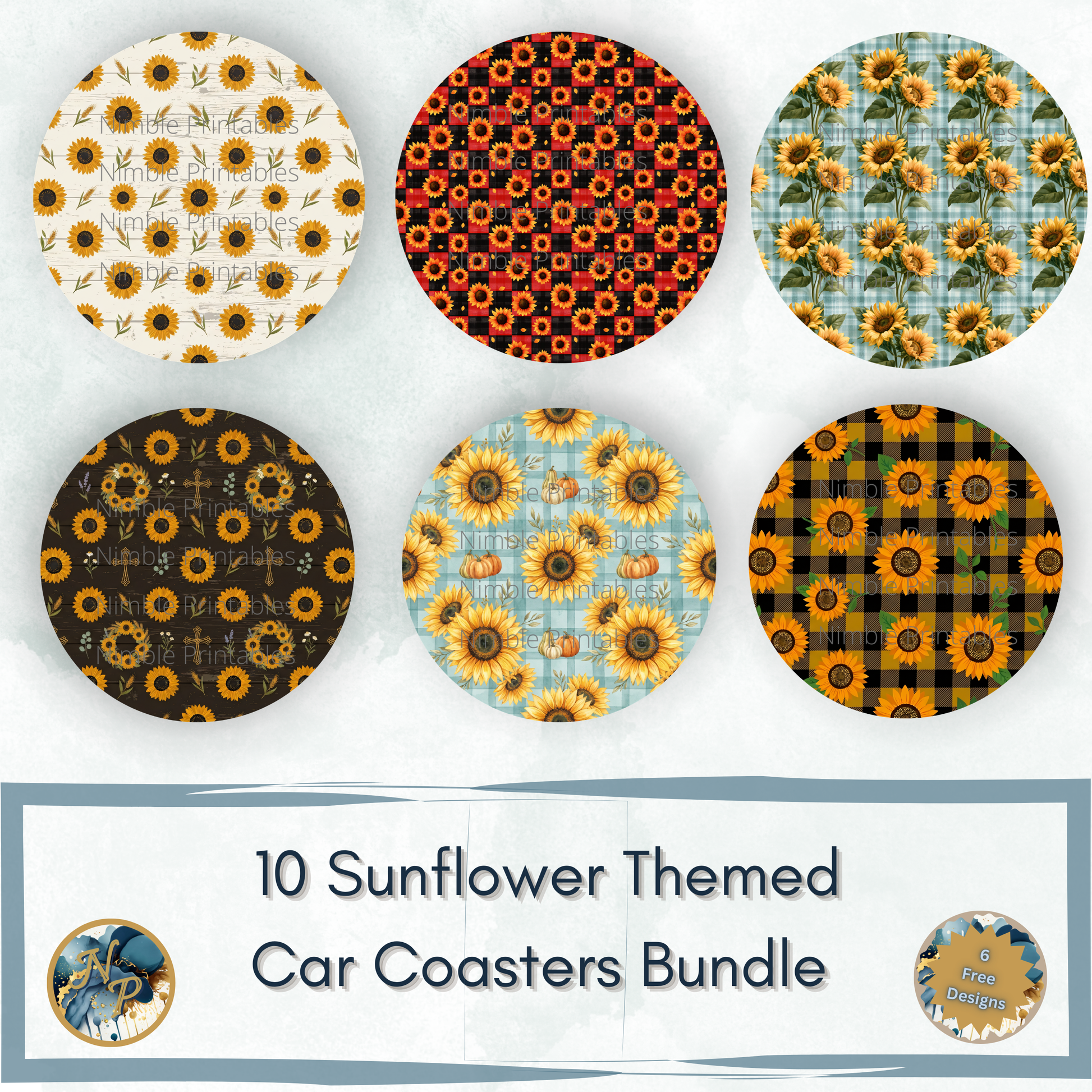 Six different sunflower-themed car coaster designs arranged in a grid.
