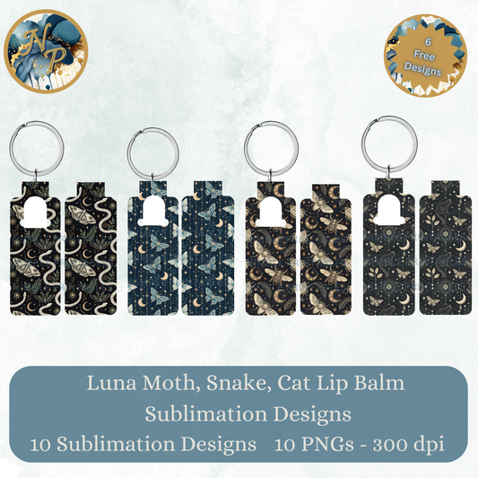 Luna Moth and Cat Themed Keychains, Snake Design, Gothic Style Lip Balm Holders, Celestial Pattern, 10 PNGs Set, 300 dpi, Unique Gift Idea.