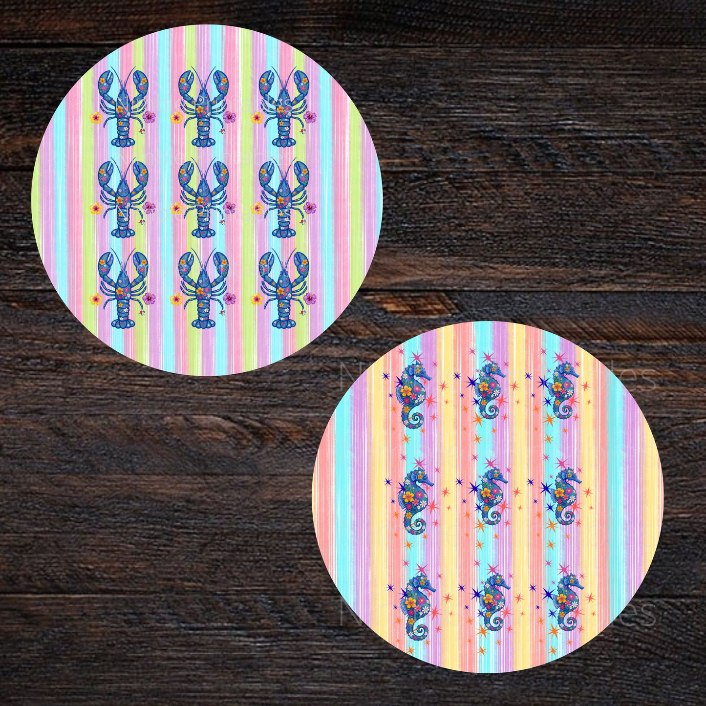 Circular designs with cartoon lobsters and seahorses on striped backgrounds.