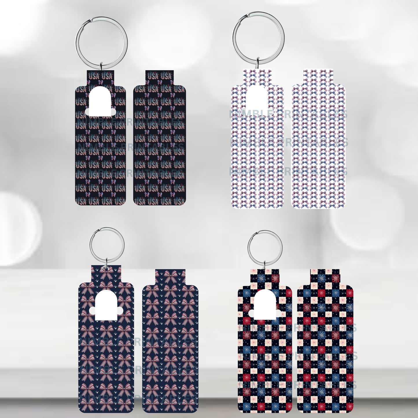 Four keychain designs: repeating USA text, red and blue stars, snowflakes, and bows.