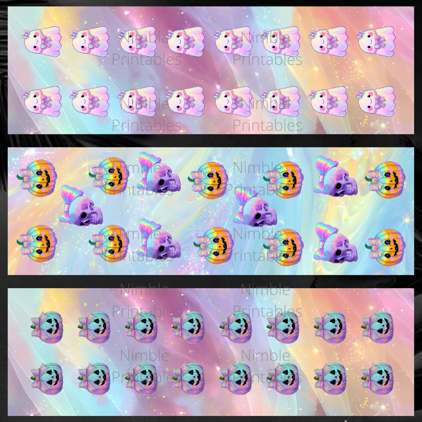 Cute pastel ghosts and smiling pumpkins with bows and eyes.