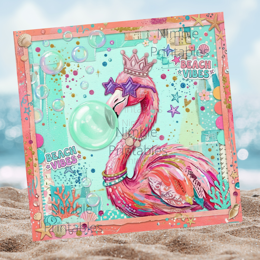 Flamingo with crown and sunglasses blowing a bubble on a beachy, vibrant background.