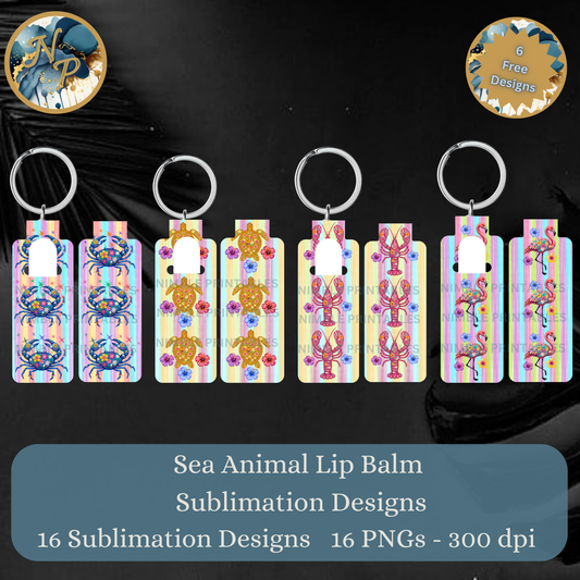 Sea animal lip balm sublimation designs featuring crabs, turtles, and flamingos.