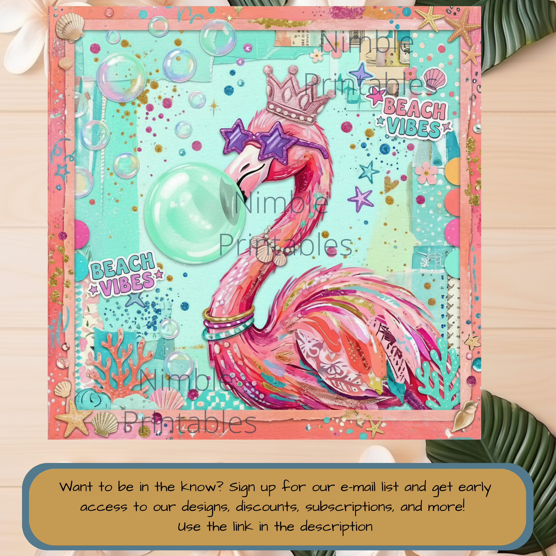 Pink flamingo with sunglasses blowing a bubble, "Beach Vibes" text.