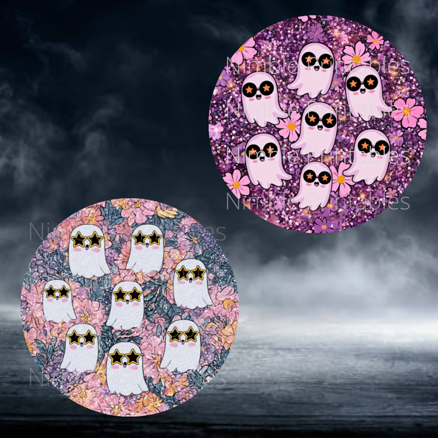 Cute pink ghosts with star sunglasses on floral and glitter backgrounds.